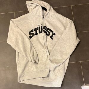 Stussy Light Gray Hoodie Zip Up with Black Logo